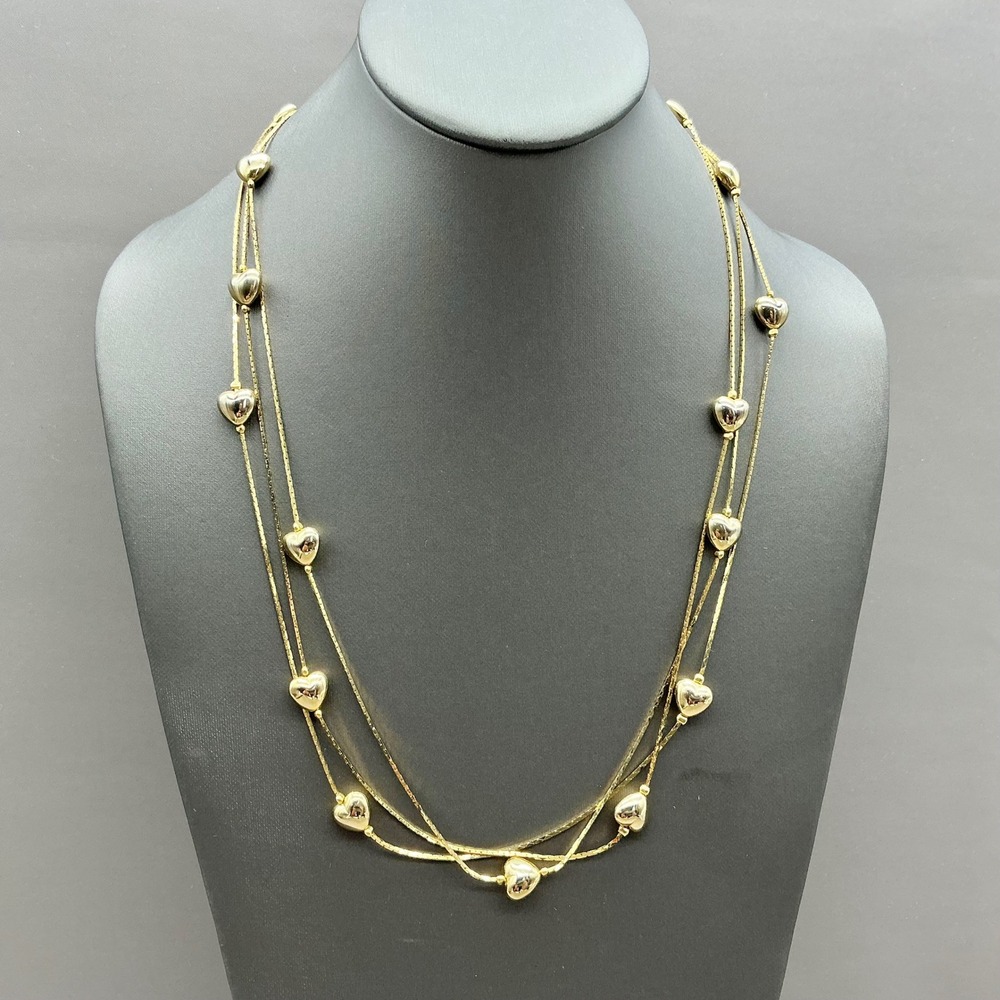 Multi Strand Heart Charm Necklace Women Gold Tone Triple Layer Dainty Jewelry